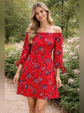Dalia Red Swing Dress with Blue Floral Accents Size US 6